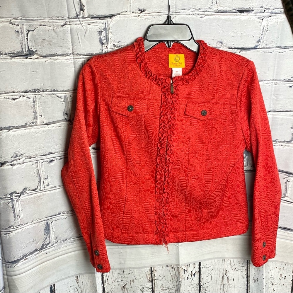Ruby Rd. Red Raised Designs Zip Ruffle Blazer 4p - image 2